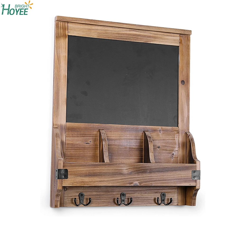 Rustic Burnt Wood Wall-Mounted Entryway Organizer with Chalkboard Sign & Key Hooks